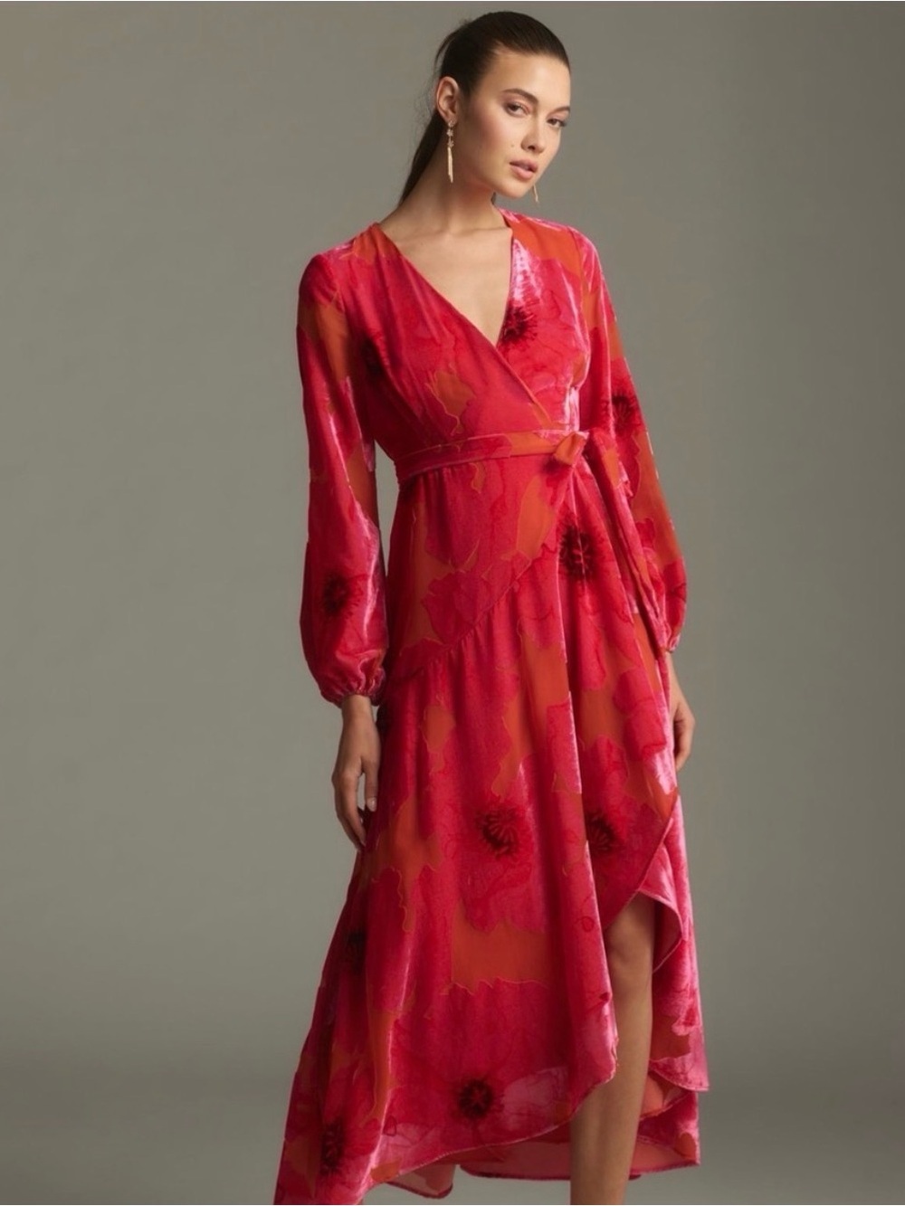 NWT Hutch Pink and Orange Floral Velvet Wrap Dress